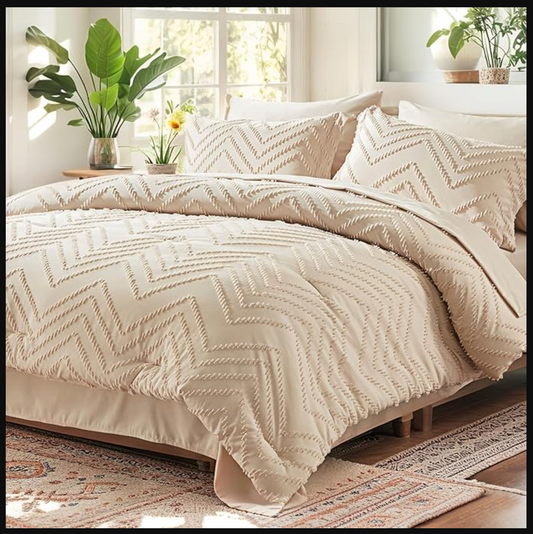 Comforter Set, Beige Tufted Bed in a Bag 7 Pieces with comforters and Sheets, All Season Bedding Sets with 1 Comforter