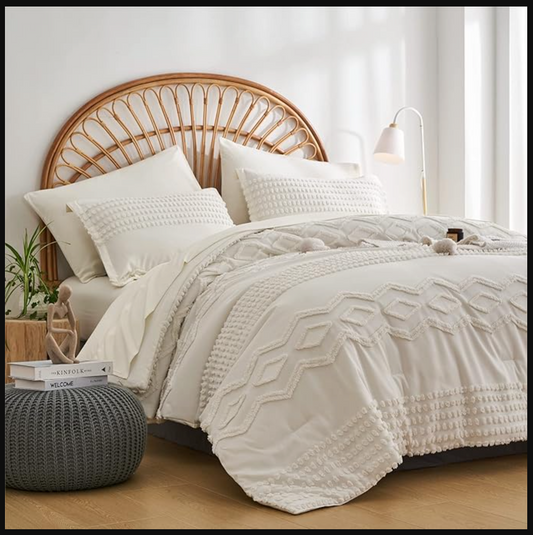 White Tufted Comforter Set Full Size 7 Piece Bed in a Bag, Shabby Chic Boho Comforter and Sheet Set, Pom Pom Textured Bed Set, All Season Soft Microfiber Complete Bedding Set