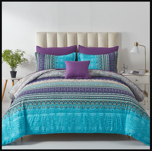 Boho Comforter Set King Size 8 Piece Bed in a Bag Bohemian Striped Bedding Quilt Set Aqua Paisley Floral Comforter and Sheet Set,Soft Microfiber Complete Bedding Sets for All Season