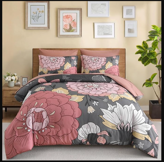 Comforter Set King Size - Grey Pink Bed in a Bag 7 Pieces Blush Botanical Boho Comforter with Sheet Set, Soft Microfiber Complete Bedding Set All Season
