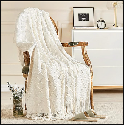 Knitted Throw Blanket for Couch and Bed, Soft Living Room Home Decor Knitted Blanket with Tassel, Outdoor Lightweight Breathable Summer Blanket, Farmhouse Warm Woven Decorative