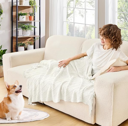 Knitted Throw Blanket for Couch and Bed, Soft Living Room Home Decor Knitted Blanket with Tassel, Outdoor Lightweight Breathable Summer Blanket, Farmhouse Warm Woven Decorative
