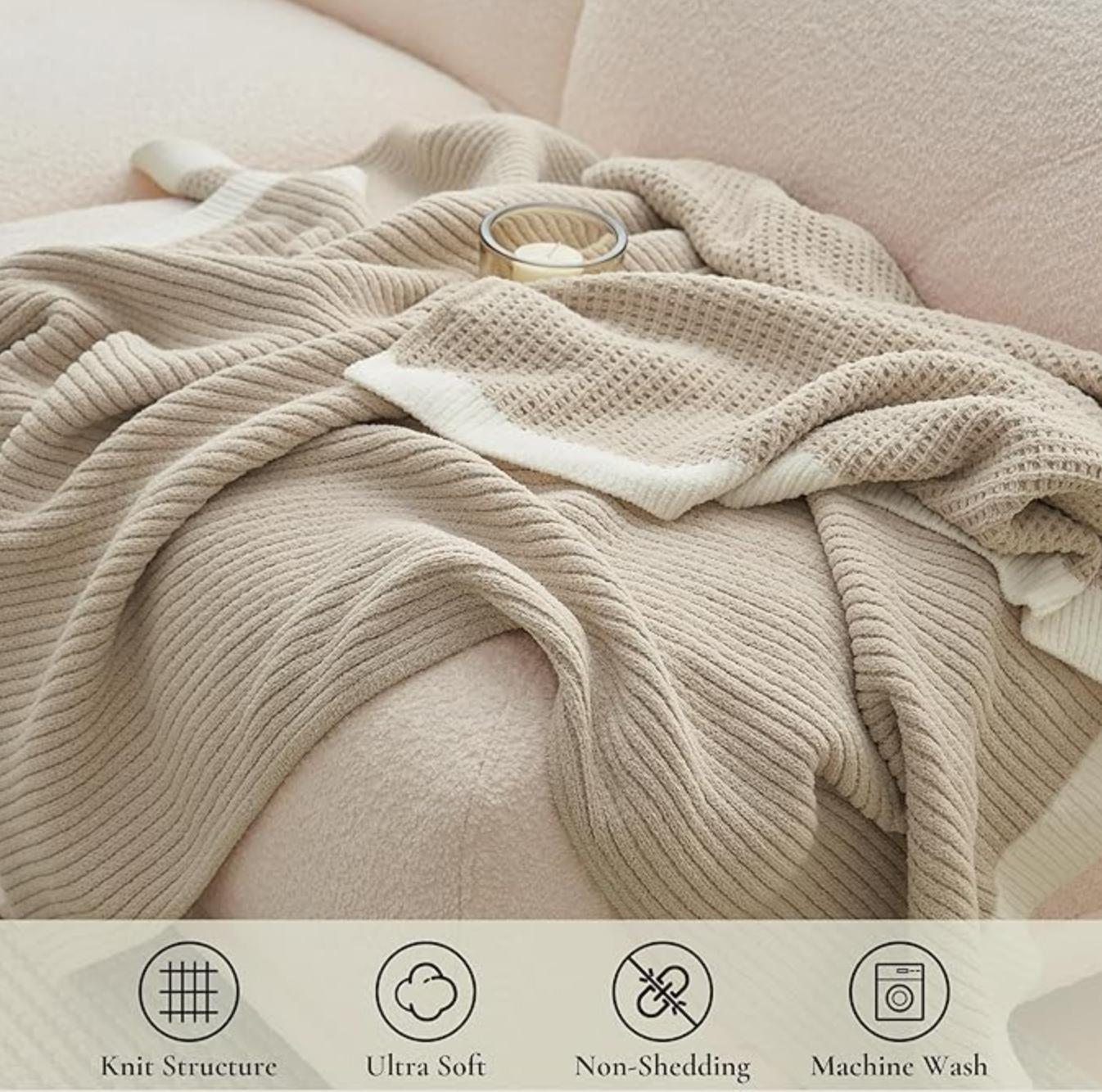 Chenille Waffle Throw Blanket for Couch, Reversible Soft Cozy Knit Blanket Lightweight Warm Decorative Throw for Sofa, Bed, Living Room