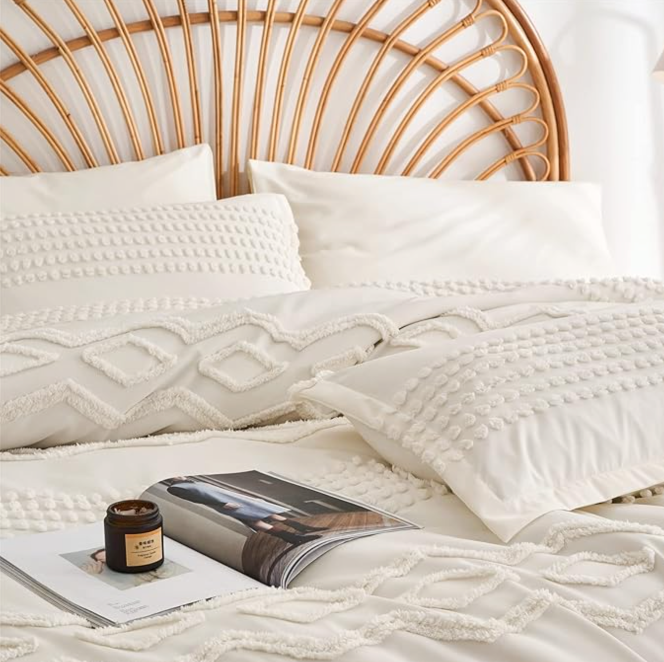 White Tufted Comforter Set Full Size 7 Piece Bed in a Bag, Shabby Chic Boho Comforter and Sheet Set, Pom Pom Textured Bed Set, All Season Soft Microfiber Complete Bedding Set