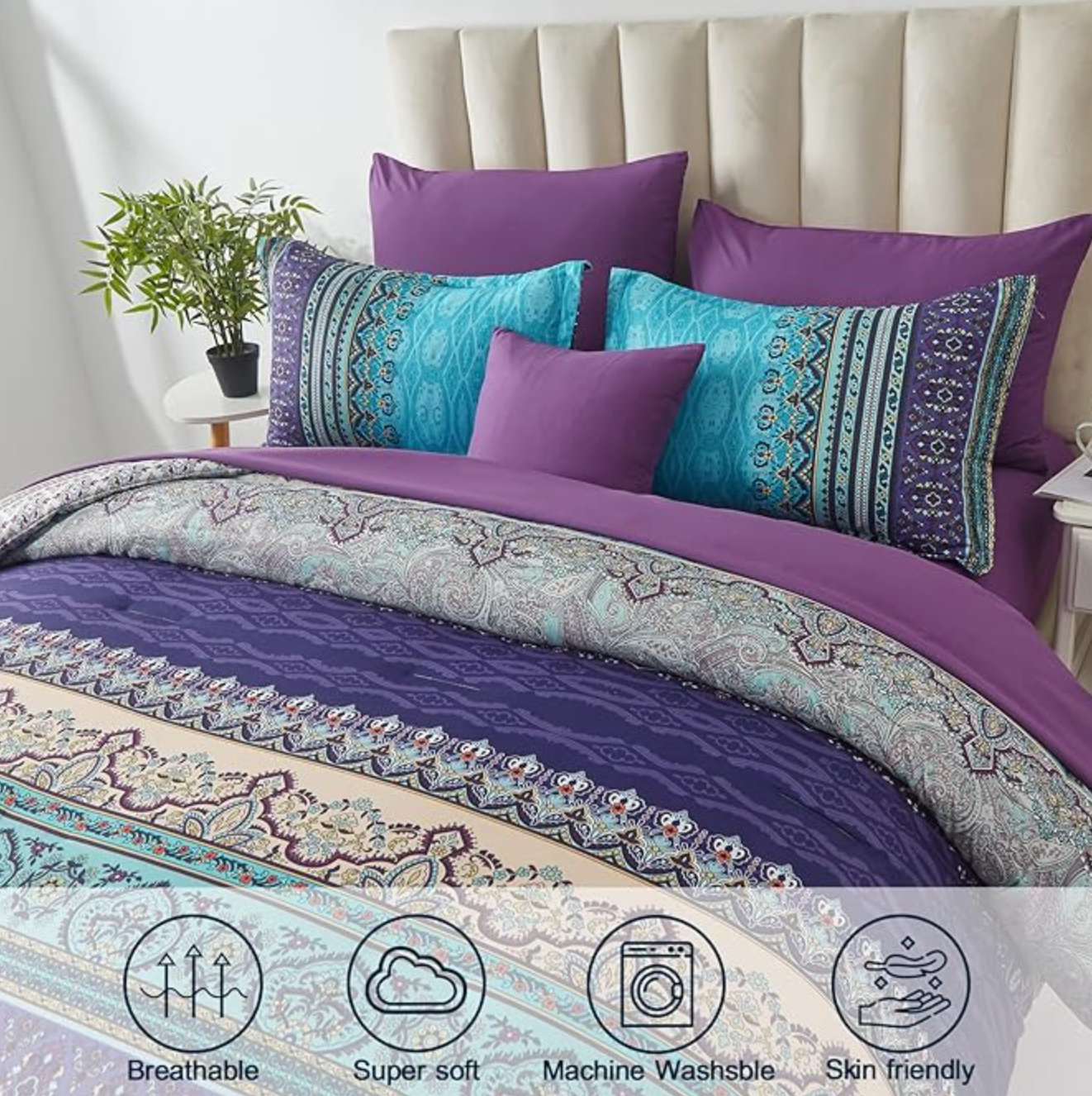 Boho Comforter Set King Size 8 Piece Bed in a Bag Bohemian Striped Bedding Quilt Set Aqua Paisley Floral Comforter and Sheet Set,Soft Microfiber Complete Bedding Sets for All Season