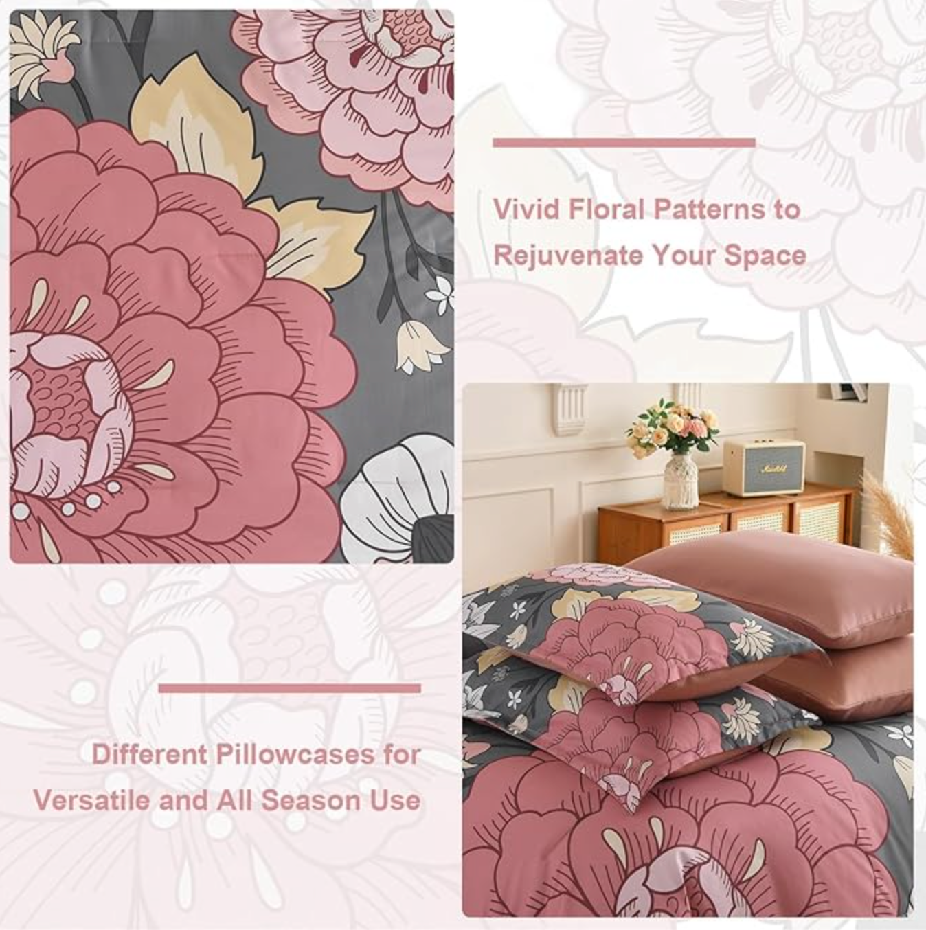 Comforter Set King Size - Grey Pink Bed in a Bag 7 Pieces Blush Botanical Boho Comforter with Sheet Set, Soft Microfiber Complete Bedding Set All Season